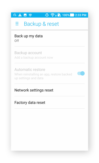 The Backup & reset menu in the Settings of Android 7.0